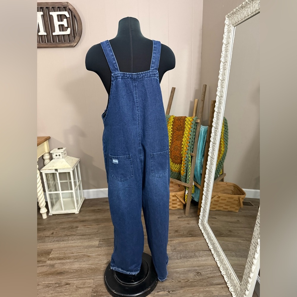 Wide Leg Distressed Oversized Jean Overalls - Picture 11 of 14